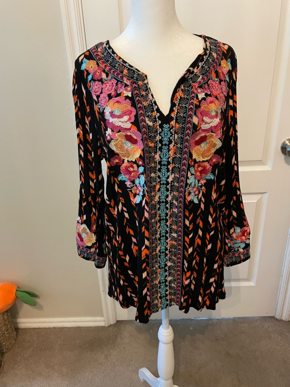Savanna Jane Black Top with Bright Orange and Soft Pink Floral & Chevron Detail